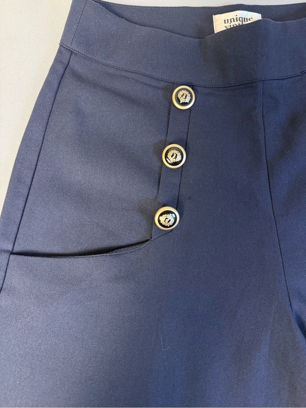 Unique Vintage Navy High-Waist Trousers with Nautical Sailor Buttons Size 4 - Picture 4 of 10